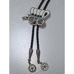 Vintage Bolo Tie  Multi-Stone Inlay Covered Wagon Black Leather Cord